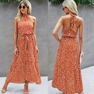 Boho dot belted halter maxi dress